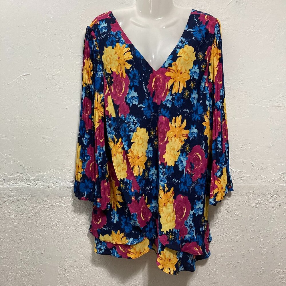 Laurie Felt Floral Pleated Long Sleeve Flowy Chiffon Top Blouse Cottage Multi XL